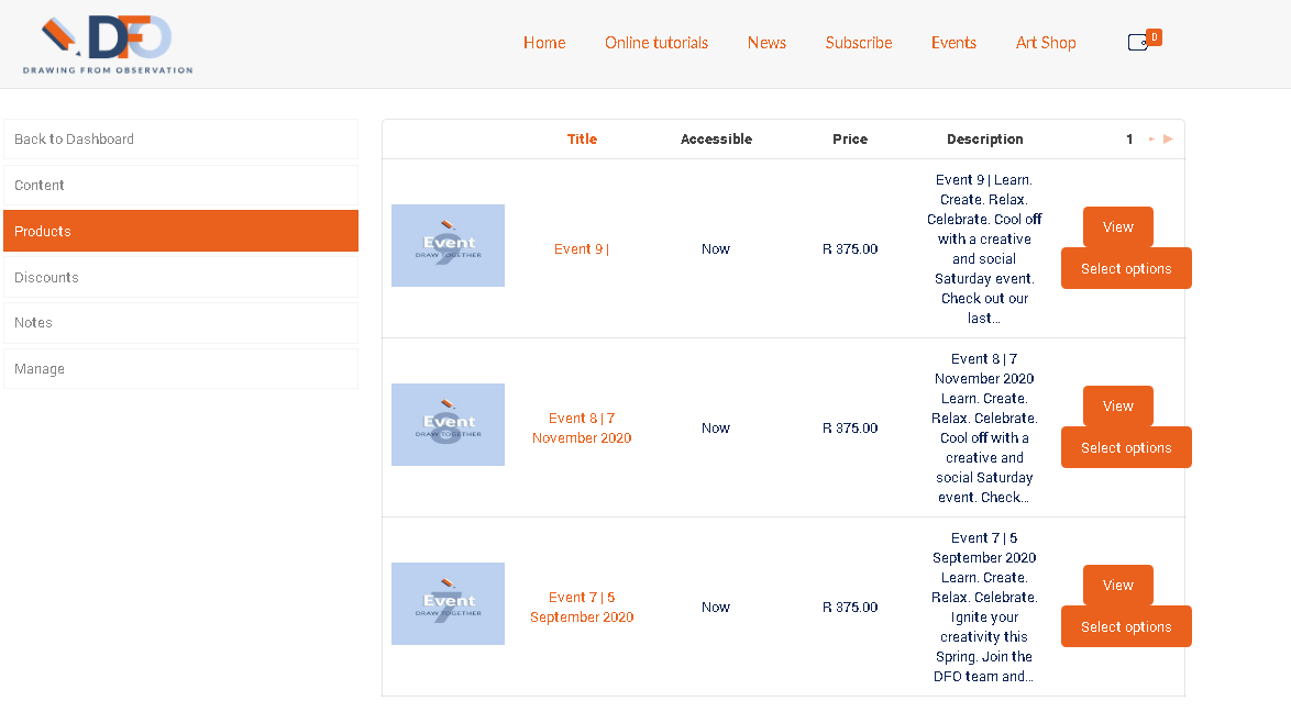 Dashboard Products Option, Events